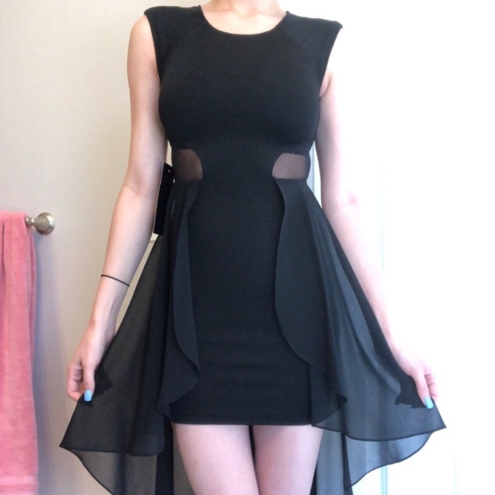 NWT Black Bebe Bodycon Dress With Sheer Train